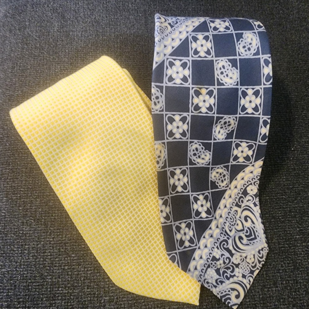 Vintage Lot Of 2 Yves Saint Laurent Tie Yellow- Unknown, Blue/Grey Silk‎
